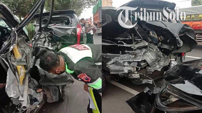 Kondisi mobil usai kecelakaan karambol terjadi di Jalan Raya Solo-Jogja di kawasan Desa Kuncen, Kecamatan Ceper, Kabupaten Klaten, Jumat (12/11/2021).