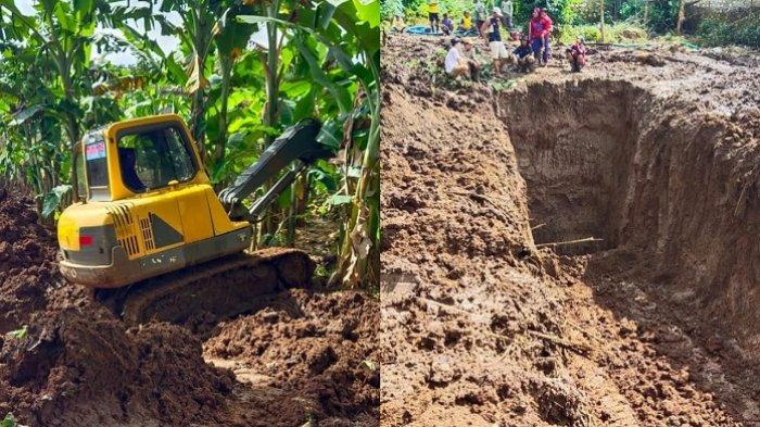 Proses penggalian luweng demi mengatasi genangan banjir yang terjadi di sejumlah titik di Kecamatan Pracimantoro, Kabupaten Wonogiri, Jumat (12/2/2021).