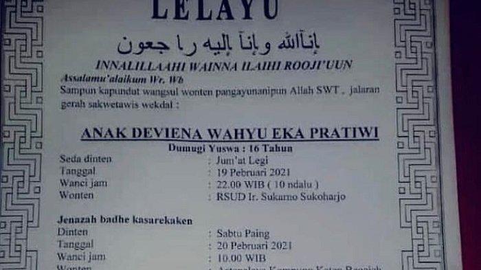 Seorang pelajar SMP di Kabupaten Sukoharjo yang sempat dinyatakan kritis akibat tertabrak bus Agra Mas, meninggal dunia.