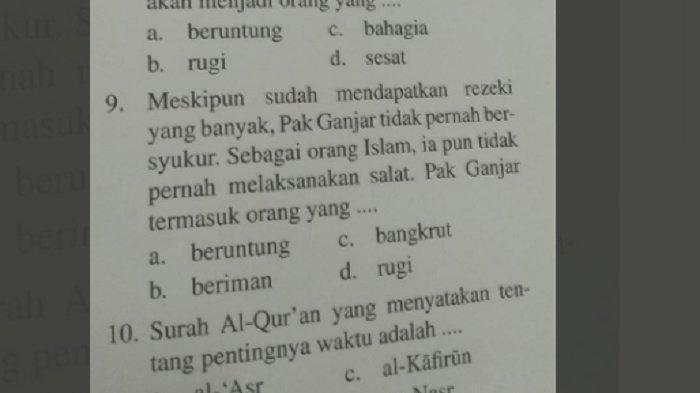 Viral soal buku pelajaran yang menyebut nama ganjar tidak bersyukur dan jarang salat.