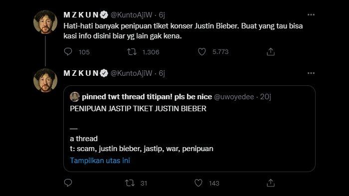 Cuitan Kunto Aji soal marak penipuan tiket konser Justin Bieber.