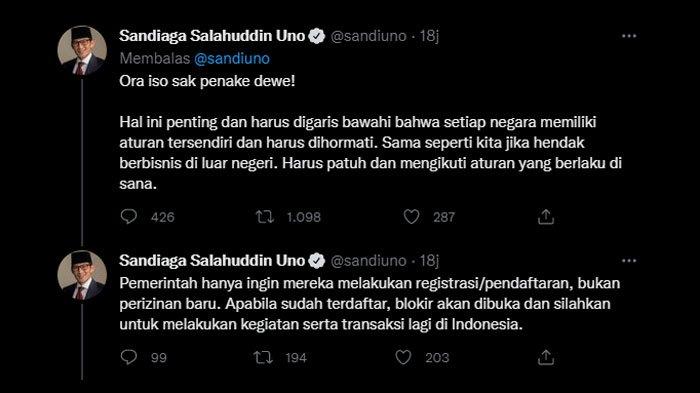 Cuitan Sandiaga Uno mendukung Kominfo blokir Steam hingga PayPal.