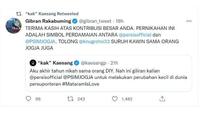 Gibran juga kedapaatan me-retweet cuitan Kaesang.