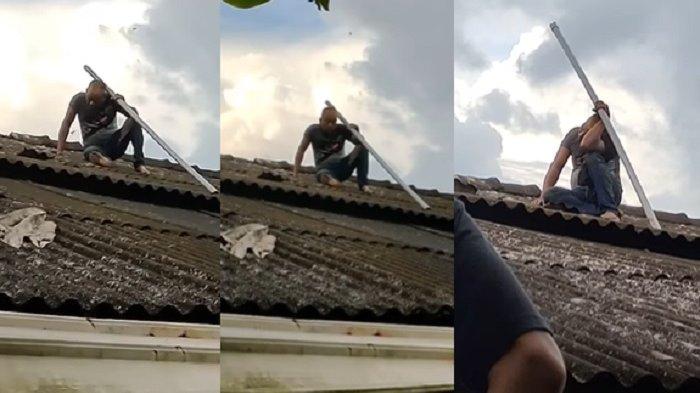 Maling terjebak di atas genteng