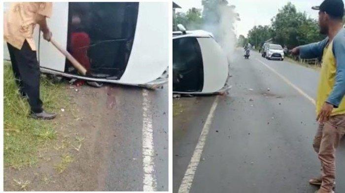 Mobil pengantin terguling. Makin panik satu orang masih terjebak saat mobil mulai keluarkan asap