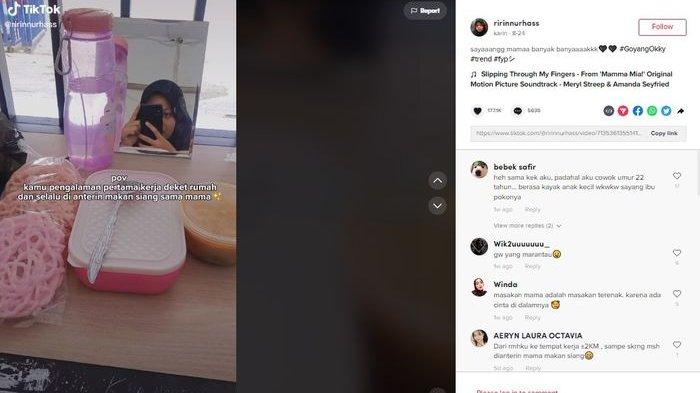 Momen seorang wanita diantarkan makanan oleh ibu tercinta saat kerja.