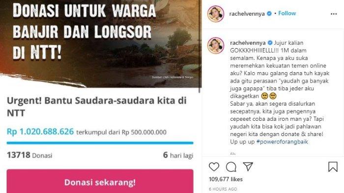 Penggalangan donasi Rachel Vennya untuk korban bencana banjir dan longsor NTT capai Rp 1 miliar semalam