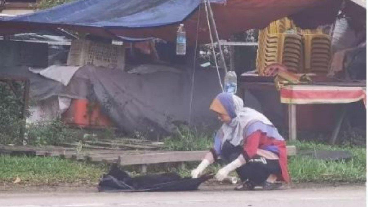 Seorang wanita menyingkirkan bangkai anjing di jalanan