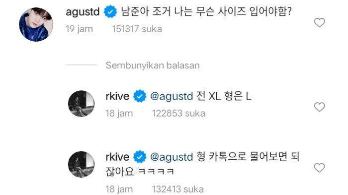 Suga BTS mengomentari postingan RM