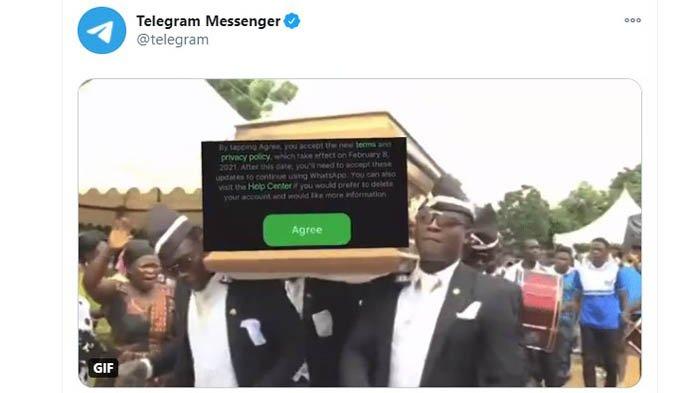 Unggahan meme peti mati di akun Twitter @Telegram yang ditunjukan kepada WhatsApp, (Twitter @Telegram)