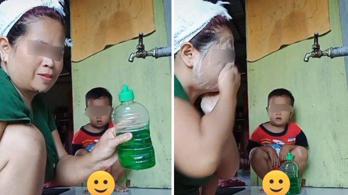 Wanita cuci muka menggunakan sabun cuci piring