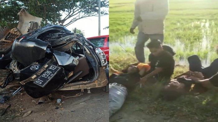 Kolase foto Mobil rombongan mahasiswa yang ringsek seusai menabrak pohon dan kondisi para korban yang saat usai kejadian naas tersebut.