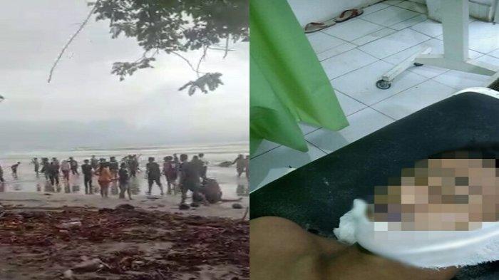 Kolase foto sejumlah wisatawan ditolong warga saat tenggelam di Pantai Batu Gong Konawe dan korban meninggal akibat insiden tersebut.