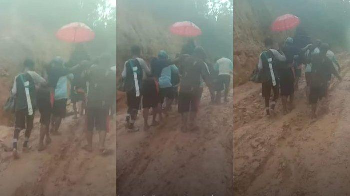 Viral ibu dan bayi dipikul usai melahirkan gegara jalan rusak di UPT Roda, Desa Roda, Kecamatan Kolono, Kabupaten Konawe Selatan (Konsel), Provinsi Sulawesi Tenggara (Sultra).