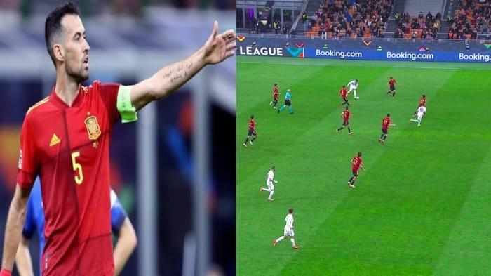 Kolase foto: Sergio Busquets menyoal gol Mbappe dalam posisi offside