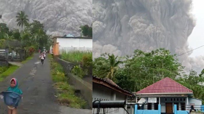 Kolase foto kejadian Gunung Semeru erupsi di Lumajang, warga panik melarikan diri