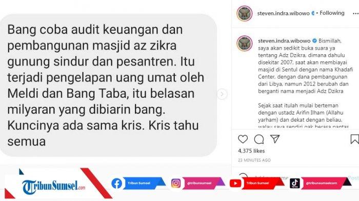 Postingan Steven Indra Wibowo terkait penggelapan dana belasan miliar pembangunan masjid Az Zikra (Instagram/steven.indra.wibowo)