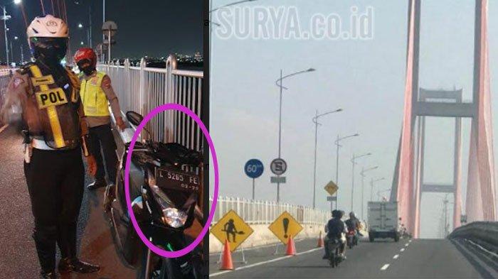 Foto kiri: motor yang ditinggalkan pria diduga oknum TNI AL sebelum terjun dari jembatan Suramadu.