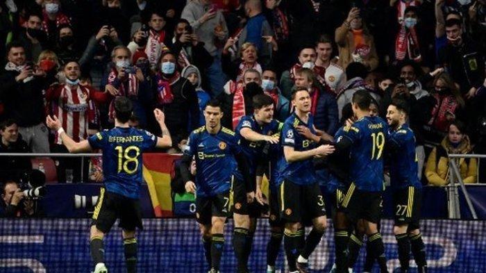 Suasana perayaan gol Anthony Elanga pada laga leg pertama 16 besar Liga Champions yang mempertemukan Atletico Madrid vs Man United di Stadion Wanda Metropolitano, Kamis (24/2/2022) dini hari WIB. Hasil Atletico Madrid vs Man United imbang 1-1.