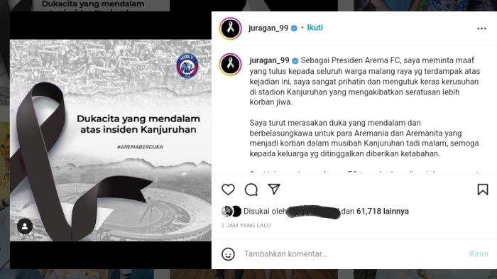 Unggahan Juragan 99 Presiden Arema FC soal korban Arema Persebaya