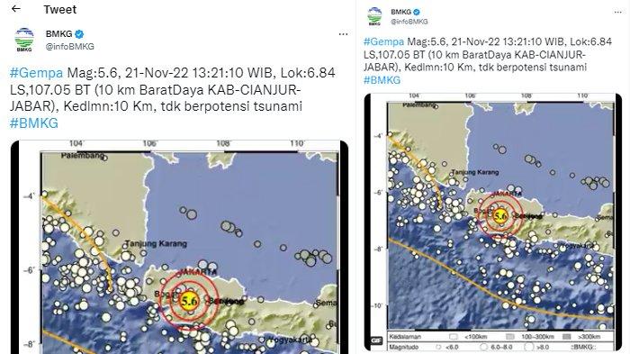 Rilis akun Twitter BMKG, Gempa Cianjur itu berkekuatan magnitudo 5,6