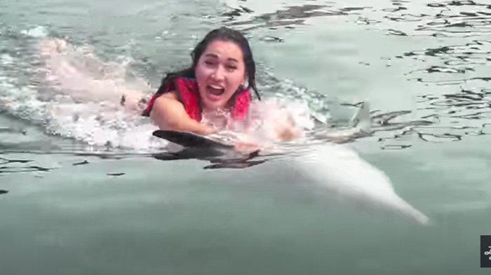 Aksi Lucinta Luna renang ditarik Lumba Lumba di Bali