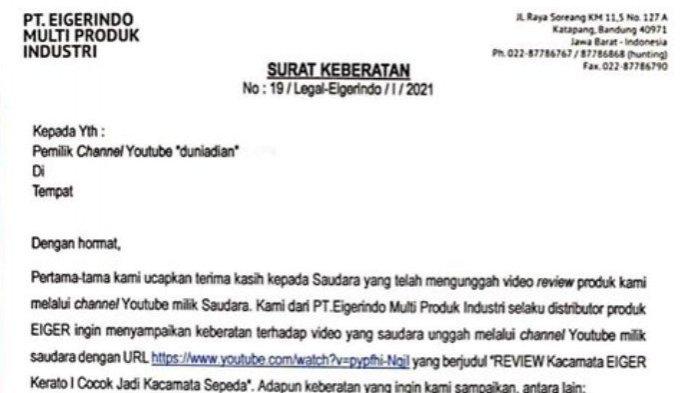 Penggalan surat keberatan Eiger kepada Dian Widiyanarko terkait video review di YouTube.