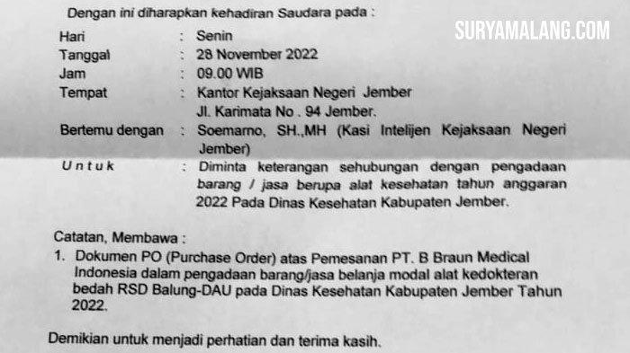 Kejaksaan Negeri (Kejari) Jember mulai menyelidiki proyek pengadaan alat kedokteran bedah di Rumah Sakit Daerah (RSD) Balung yang anggarannya dari Dinas Kesehatan Pemkab Jember tahun anggaran 2022.