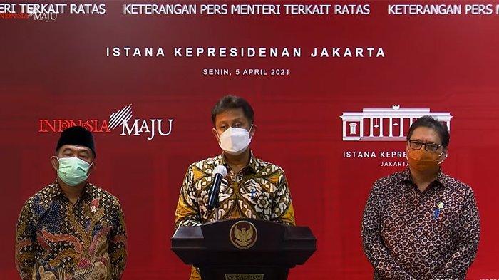 Menteri Kesehatan Budi Gunadi Sadikin pada konferensi pers di Istana Kepresidenan Jakarta, Senin (5/4/2021).