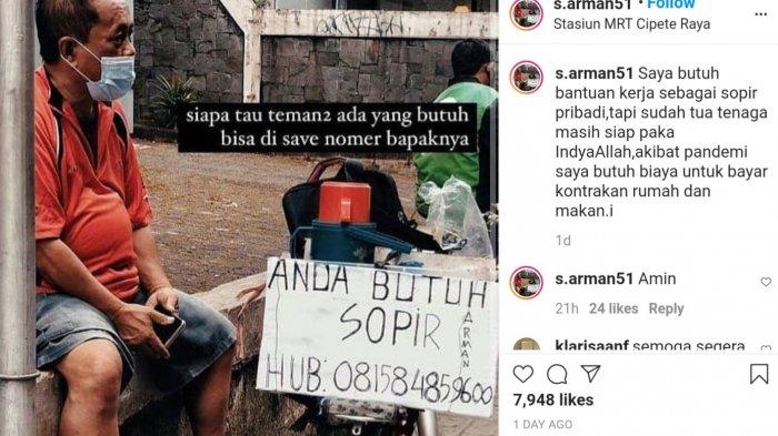 Seorang pria mengaku bernama Pak Arman viral di media sosial karena mencari pekerjaan sebagai sopir akibat terdampak pandemi.