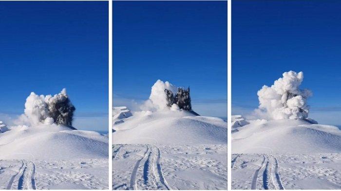 Detik-detik menjelang erupsi sebuah gunung berapi yang tertutup salju berhasil terekam kamera.