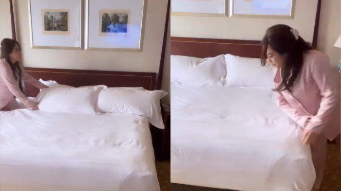 Maharani Kemala membersihkan kamar saat karantina.