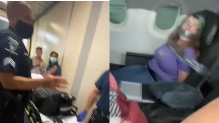 Penumpang wanita yang direkatkan dengan selotip karena perilakunya