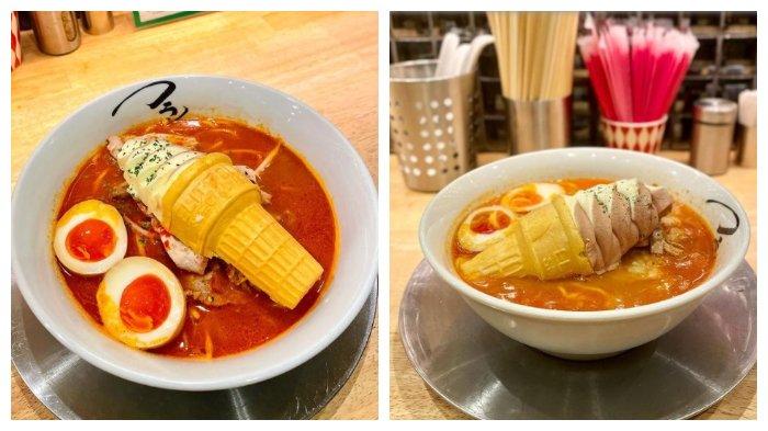 Ramen pedas topping es krim cone
