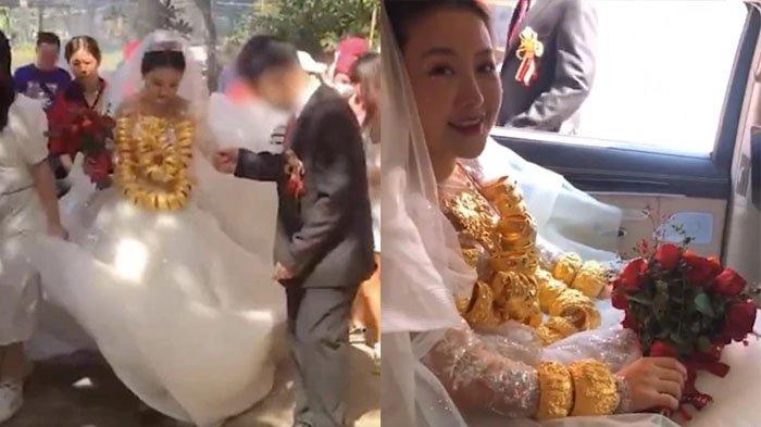 Pengantin wanita bahagia meski pakai kalung seberat 60 kg (saostar.vn)
