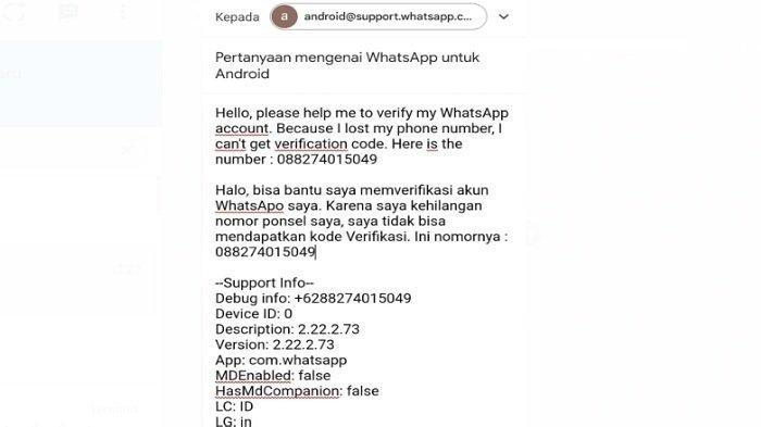 Teks pesan untuk mendapatkan verifikasi nomor WhatsApp yang hilang