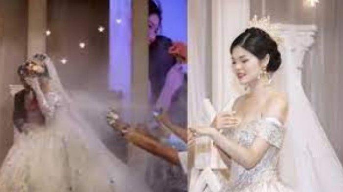 Teman-teman pengantin pria menyemprot salju ke arah kedua mempelai. (Saostar)