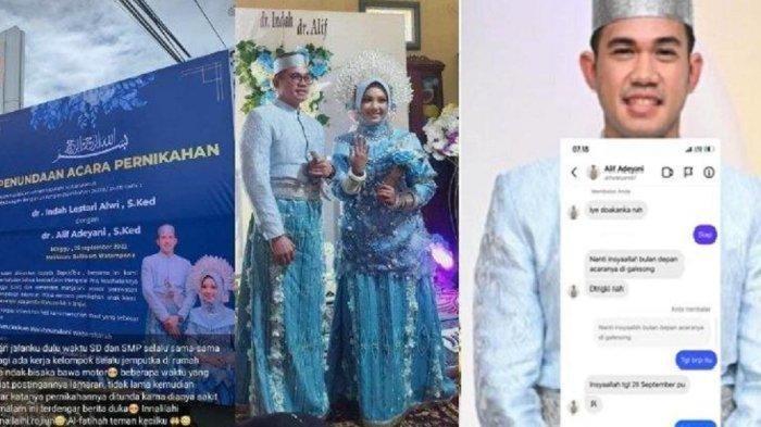 Kolase foto baliho penundaan pernikahan, acara lamaran dr Alif Adeyani SKed dan dr Indah Lestari Alwi SKed, hingga ucapan duka cita atas meninggalnya dr Alif Adeyani SKed. Dokter alumnus Fakultas Kedokteran Universitas Muhammadiyah Makassar itu meninggal di hari pernikahnnya, Ahad atau Minggu (25/9/2022).