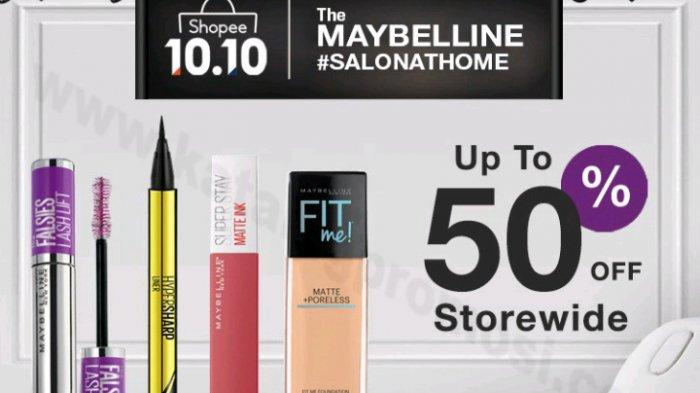 Shopee 10.10 Brands Festival 14 September-10 Oktober 2020, dapatkan diskon sampai 50% untuk produk Maybelline. Dapatkan pula gratis ongkos kirim.