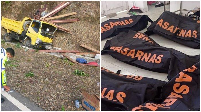 (KIRI) Kondisi truk yang menabrak tebing di Distrik Minyambouw, Kabupaten Pegunungan Arfak, Papua Barat dan (KANAN) Proses identivikasi korban oleh Sar Manokwari dan Polres manokwari.