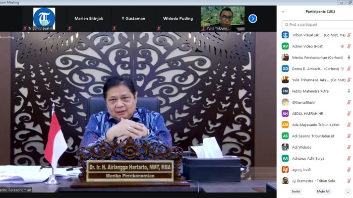 Tangkapan layar Menko Perekonomian yang juga Ketua KPC-KEN Airlangga Hartarto saat memberikan tanggapan dalam pertemuan virtual dengan jajaran petinggi Tribun Network se-Indonesia, Jakarta, Kamis (7/1/2021). TRIBUNNEWS/DANY PERMANA