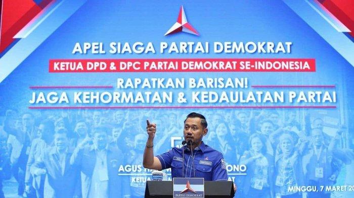 Ketua Umum Partai Demokrat Agus Harimurti Yudhoyono (AHY) lakukan konferensi pers untuk menampilkan testimoni dari peserta Kongres Luar Biasa di Deli Serdang, Sumatera Utara, Senin (8/3/2021).