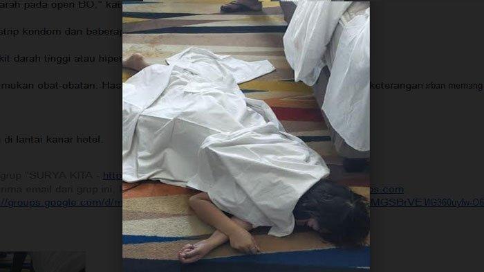 Korban saat ditemukan tergeletak tak bernyawa di lantai kanar hotel.