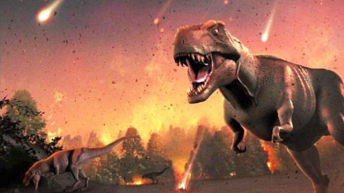 Ilustrasi makhluk dinosaurus berlarian saat bumi dihantam asteroid. Penelitian terbaru menyebut penyebab kepunahan dinosaurus dan 76 persen kehidupan di bumi, bukan disebabkan oleh apa yang disangkakan ilmuwan selama ini.