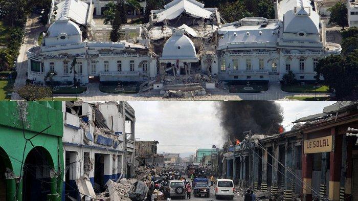 Istana Keppresiden Haiti terlihat roboh setelah diguncang gempa bumi (Atas). Terlihat berbagai macam bantuan datang (bawah)
