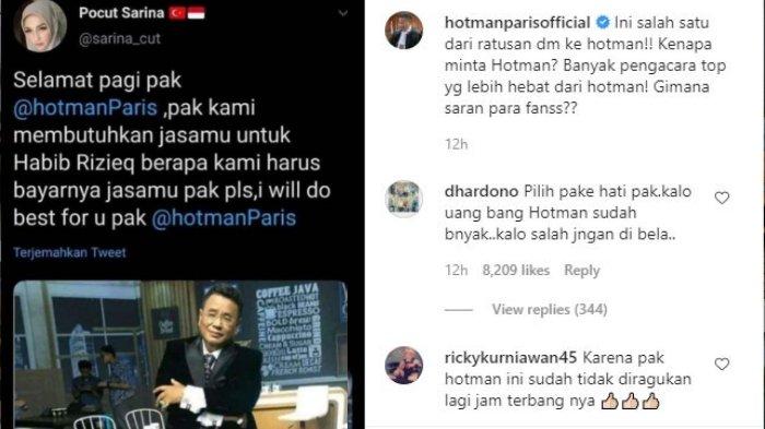 Salah satu warganet siap iuran bayar Hotman Paris Hutapea diminta menjadi pengacara untuk bantu Rizieq Shihab terkait kasus kerumunan pernikahan putrinya di Petamburan November lalu.