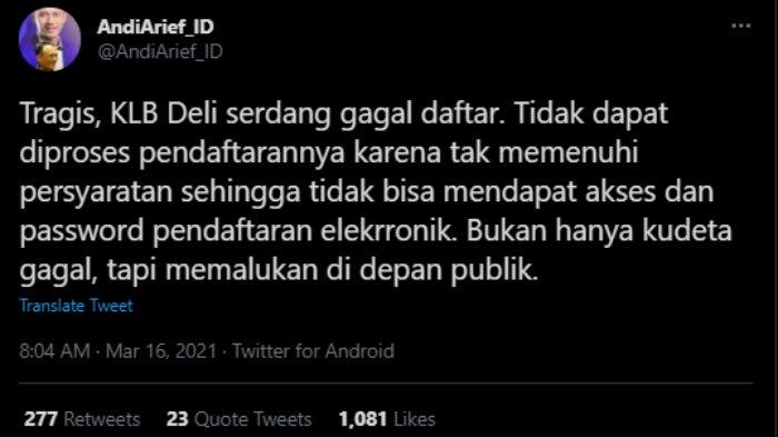 Cuitan Andie Arief yang singgung KLB Deli Serdang gagal