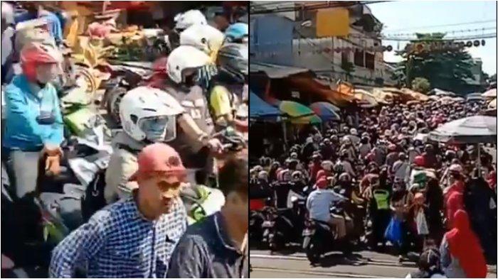 Warga Bogor padati jalan sekitar Pasar Anyar hingga buat kemacetan panjang pada Minggu, (17/5/2020).