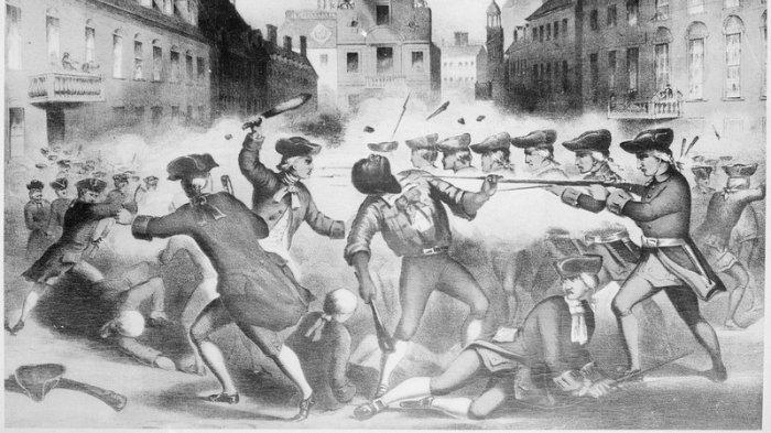 Litografi karya Henry Pelham menggambarkan kerusuhan tentara dan warga sipil di Boston