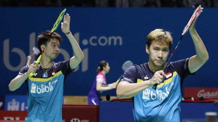 Kevin Sanjaya Sukamuljo/Marcus Fernaldi Gideon saat meraih kemenangan dua game langsung atas Zhang Nan/Ou Xuan Yi (Tiongkok) Blibli Indonesia Open 2019 di Istora Senayan, Jakarta, Jumat (19/7/2019)